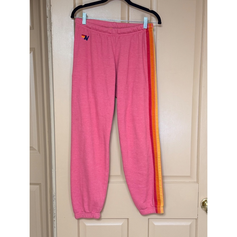 Aviator Nation Womens Pink Rainbow Stripe Sweatpants Joggers Size Medium